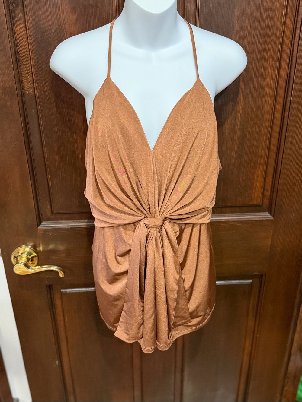 Express Brown Satin-Look Halter Top